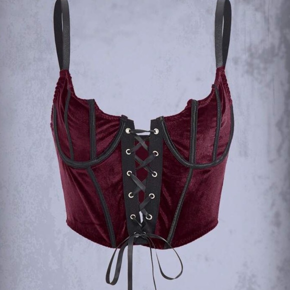 ROMWE Tops - ROMWE Burgundy Velvet Front Lace Up Corset Cami Top